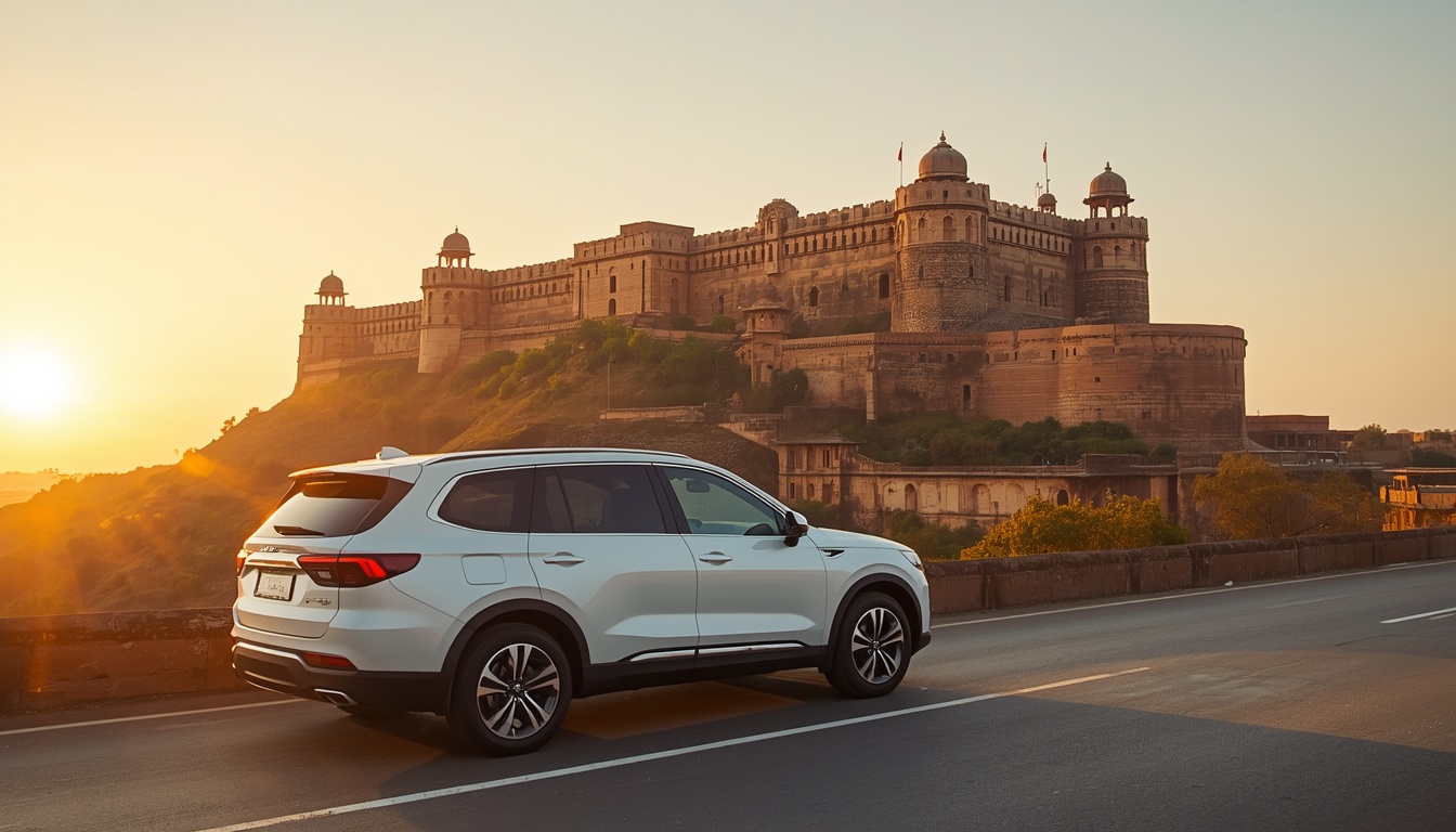 Gwalior Fort view with travel cabs lined up - Layer 1