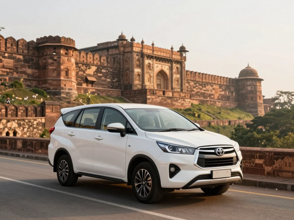 Comfortable travel vehicle parked in front of historic Gwalior Fort
